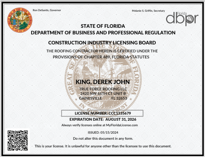True Force Roofing STATE OF FLORIDA DEPARTMENT OF BUSINESS AND PROFESSIONAL REGULATION